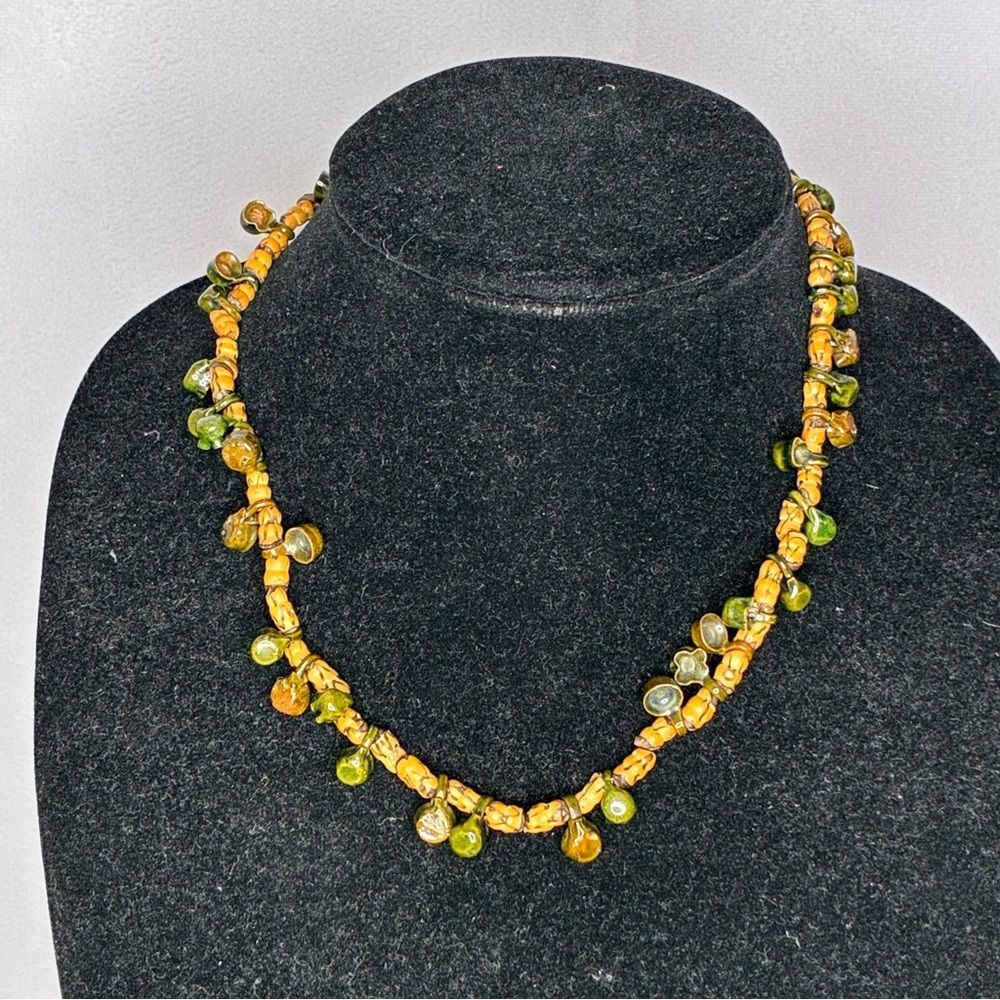Vintage 1960’s Handmade Green and Amber Beaded Necklace with Pots & Pans
